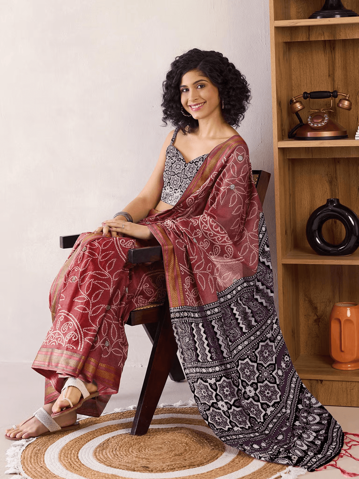 Comfortable Brown Printed Cotton Saree | Pre - Draped Saree with Blouse Canada - aromie