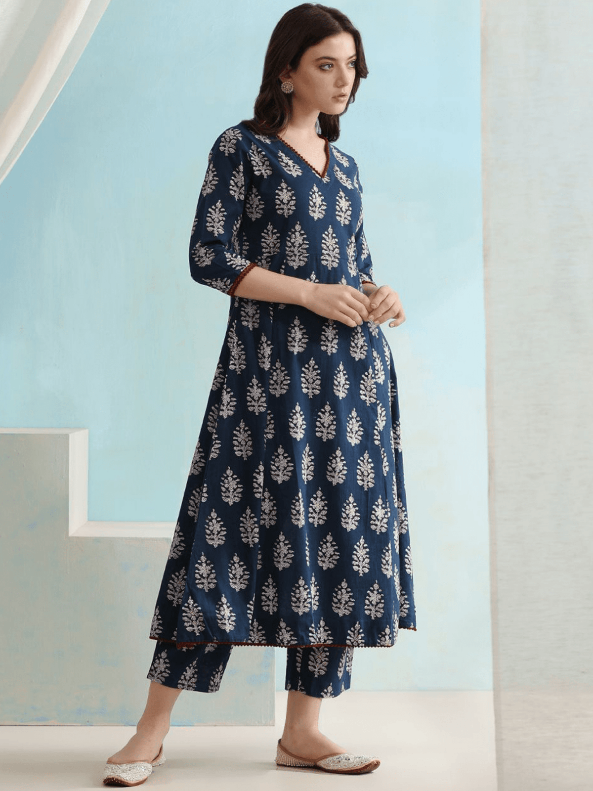 Elegant Cotton Anarkali Kurta Set Canada featuring a navy blue design with leaf patterns