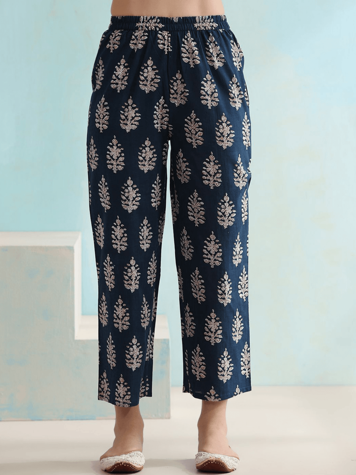 Aromie Cotton Anarkali Kurta Set Canada featuring navy blue printed pants with leaf motifs
