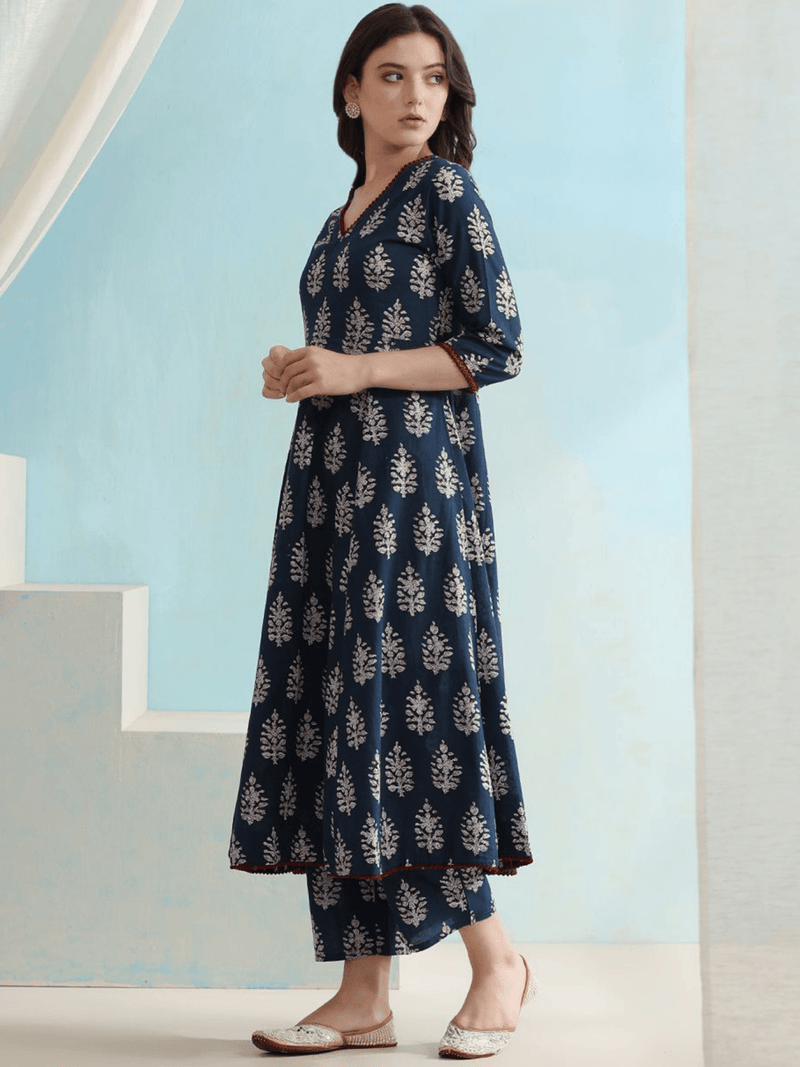 Navy Blue Cotton Anarkali Kurta Set Canada with Floral Print and Three-Quarter Sleeves