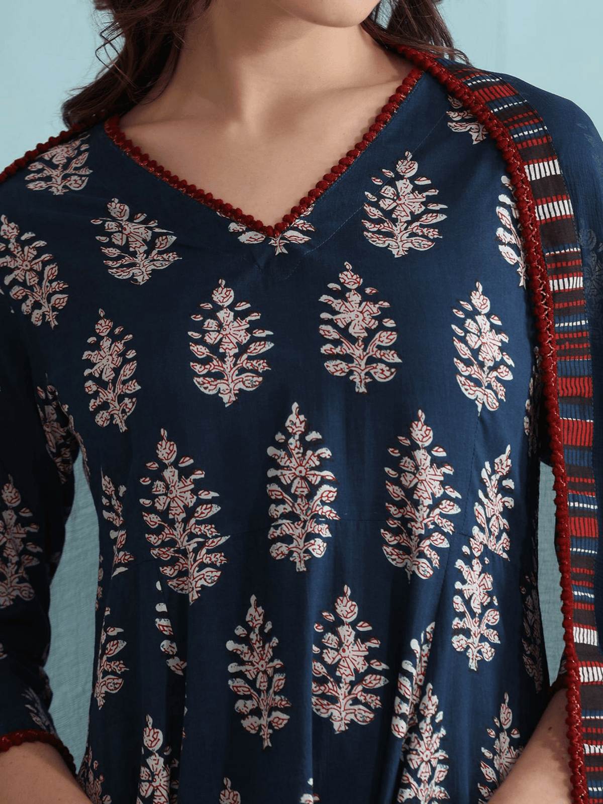Elegant Cotton Anarkali Kurta Set Canada in navy blue with floral print and detailed neckline