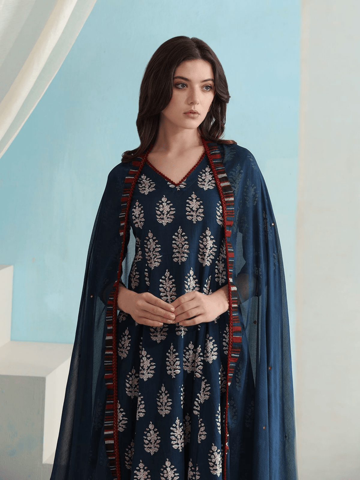 Elegant Cotton Anarkali Kurta Set Canada in Navy Blue with intricate silver embroidery and a flowing dupatta