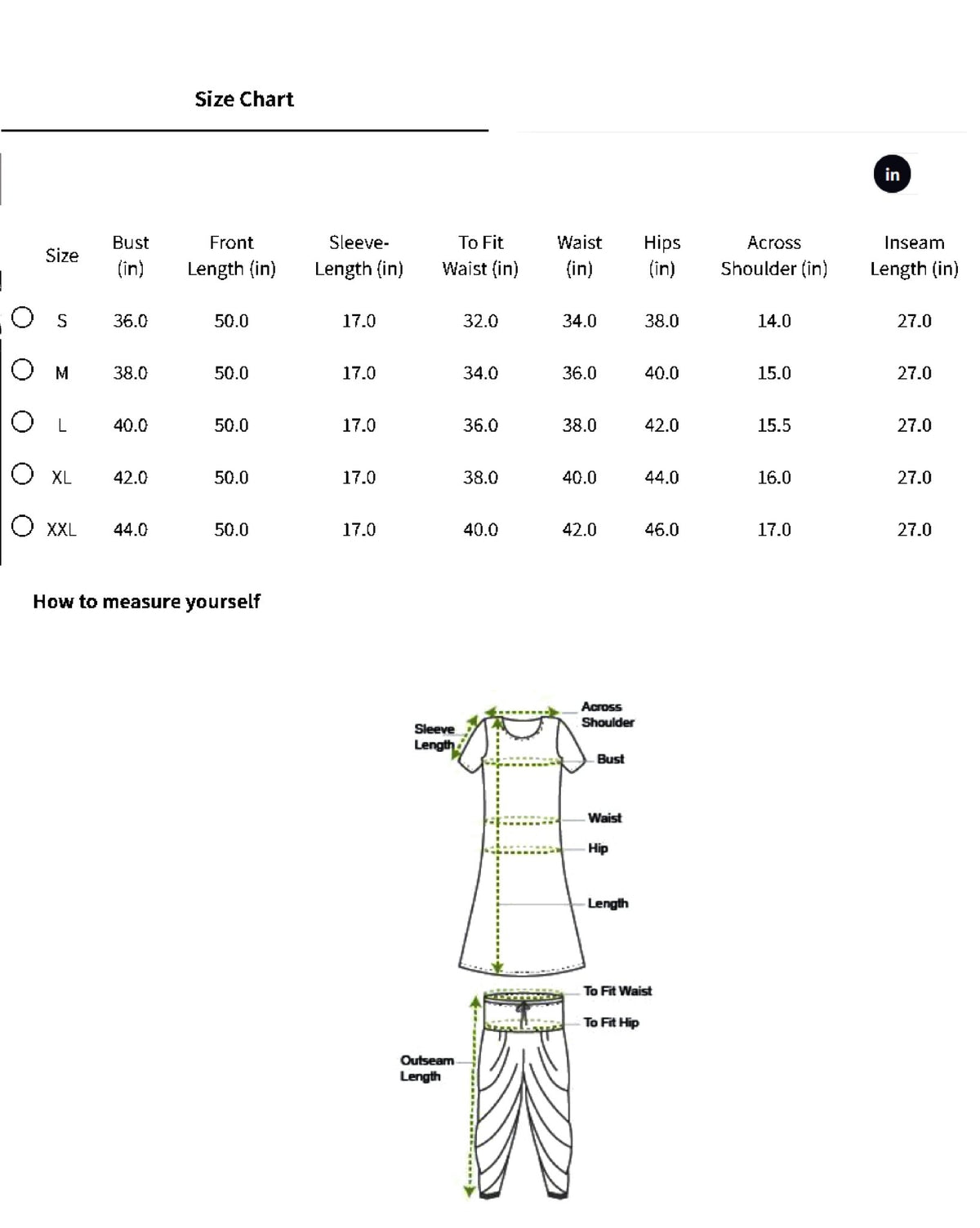 Size chart for Cotton Anarkali Kurta Set Canada with detailed measurements for various sizes.
