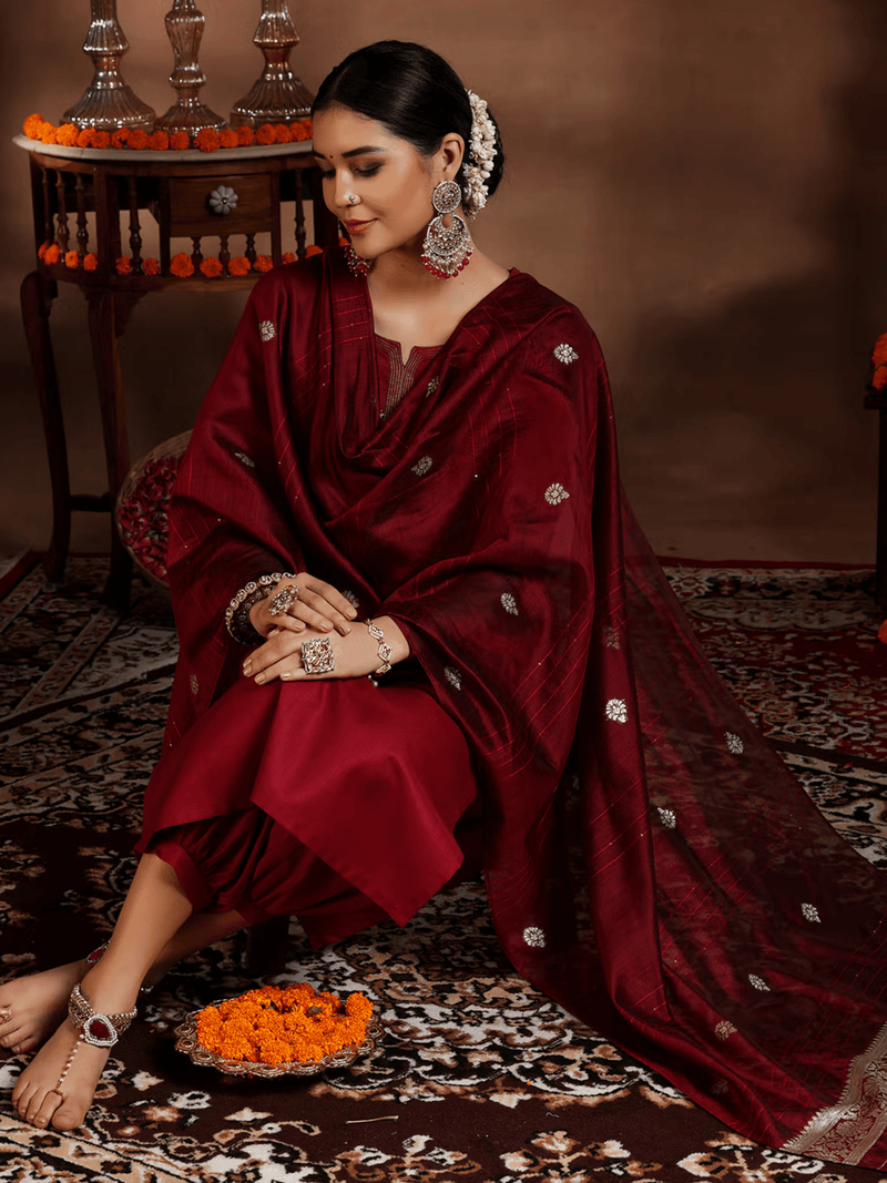 Elegant three piece Cotton Blend Kurta Set Canada in rich burgundy with intricate embroidery details