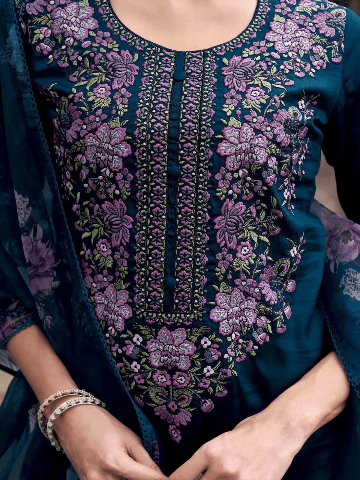 Aromie Cotton blend kurta set Canada featuring intricate floral embroidery in a deep navy color