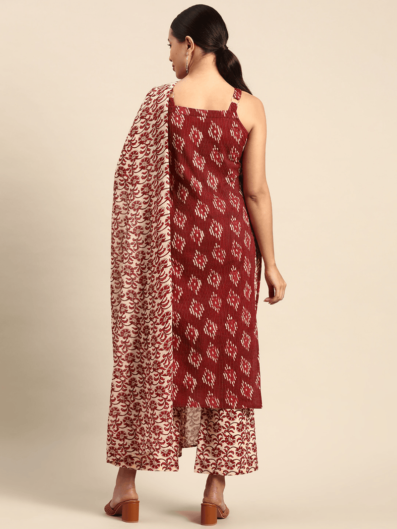 Aromie maroon cotton kurta set with dupatta featuring intricate patterns, perfect for festive occasions