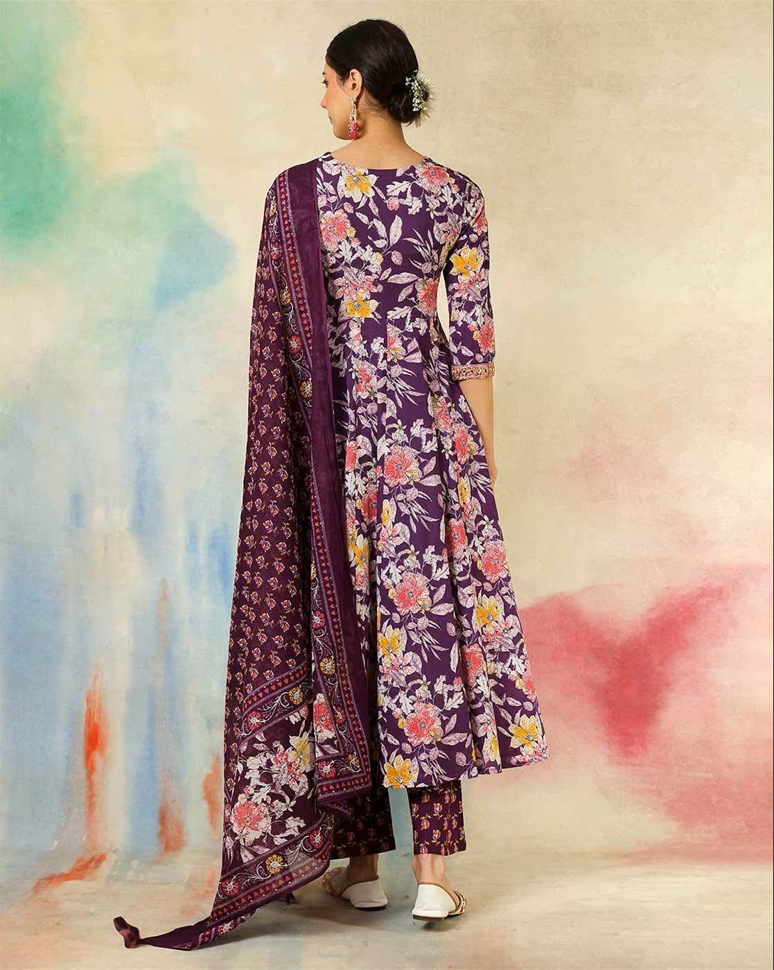 Aromie three piece cotton kurta set with dupatta featuring a floral purple design, perfect for festive occasions