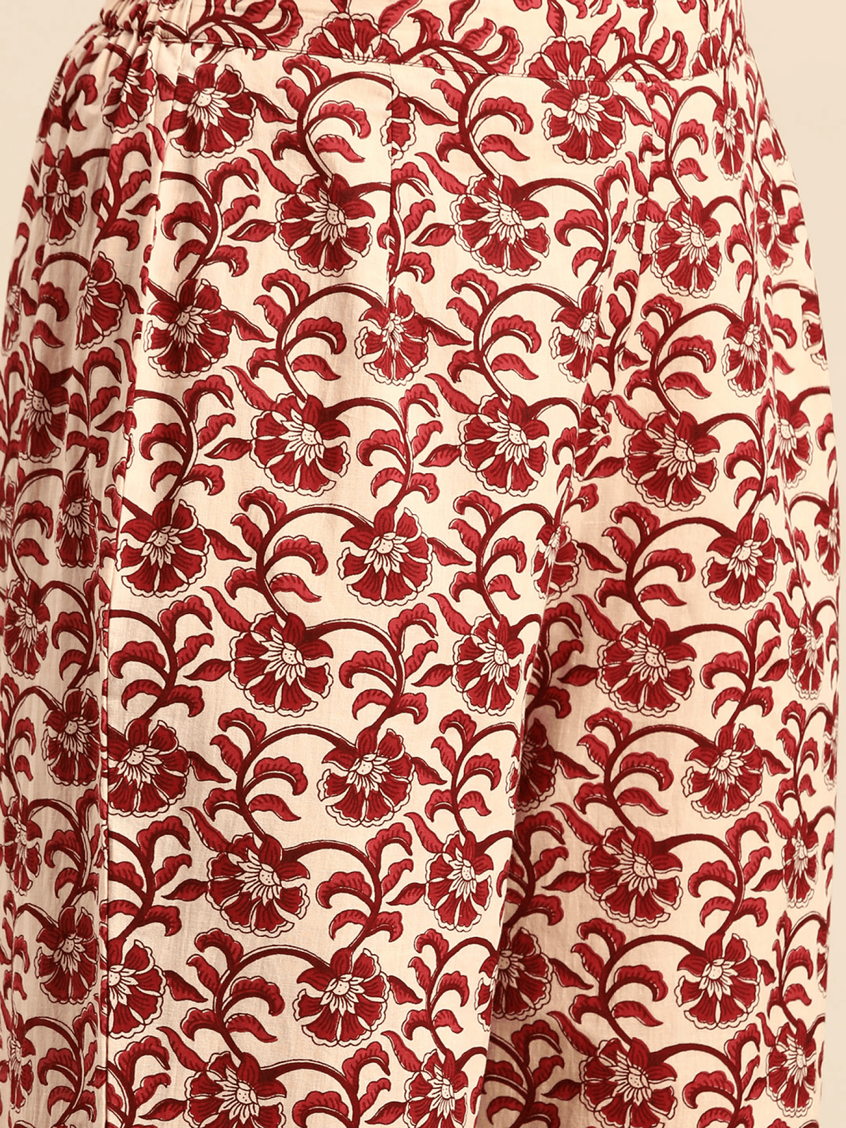 Close-up of floral pattern on the pants from a cotton kurta set with dupatta by Aromie