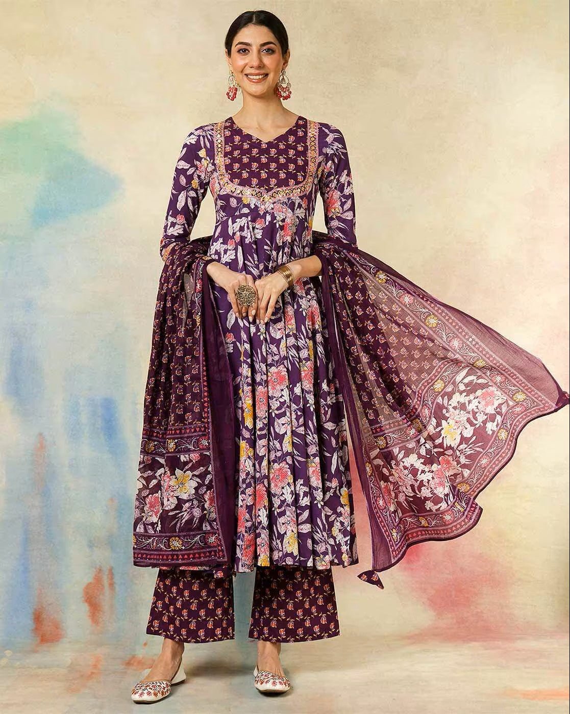 Stylish Three Piece Kurtha from Aromie featuring a cotton kurta set with dupatta in floral design