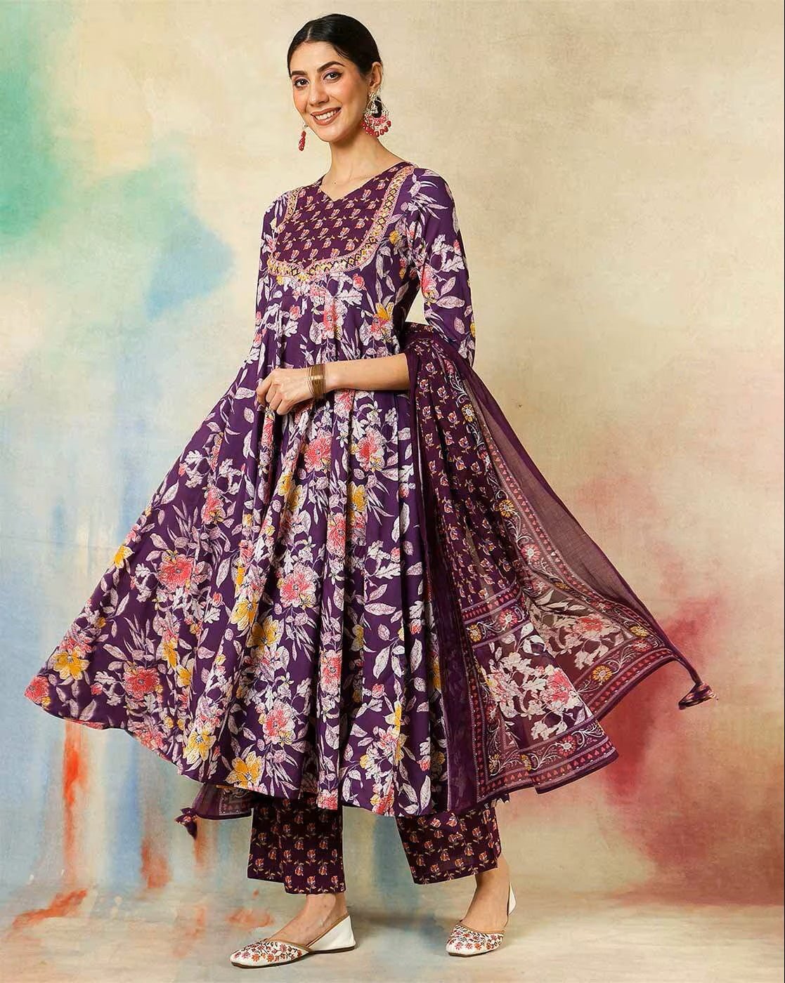 Aromie Three Piece Kurtha in Purple Floral Design with Cotton Kurta Set With Dupatta