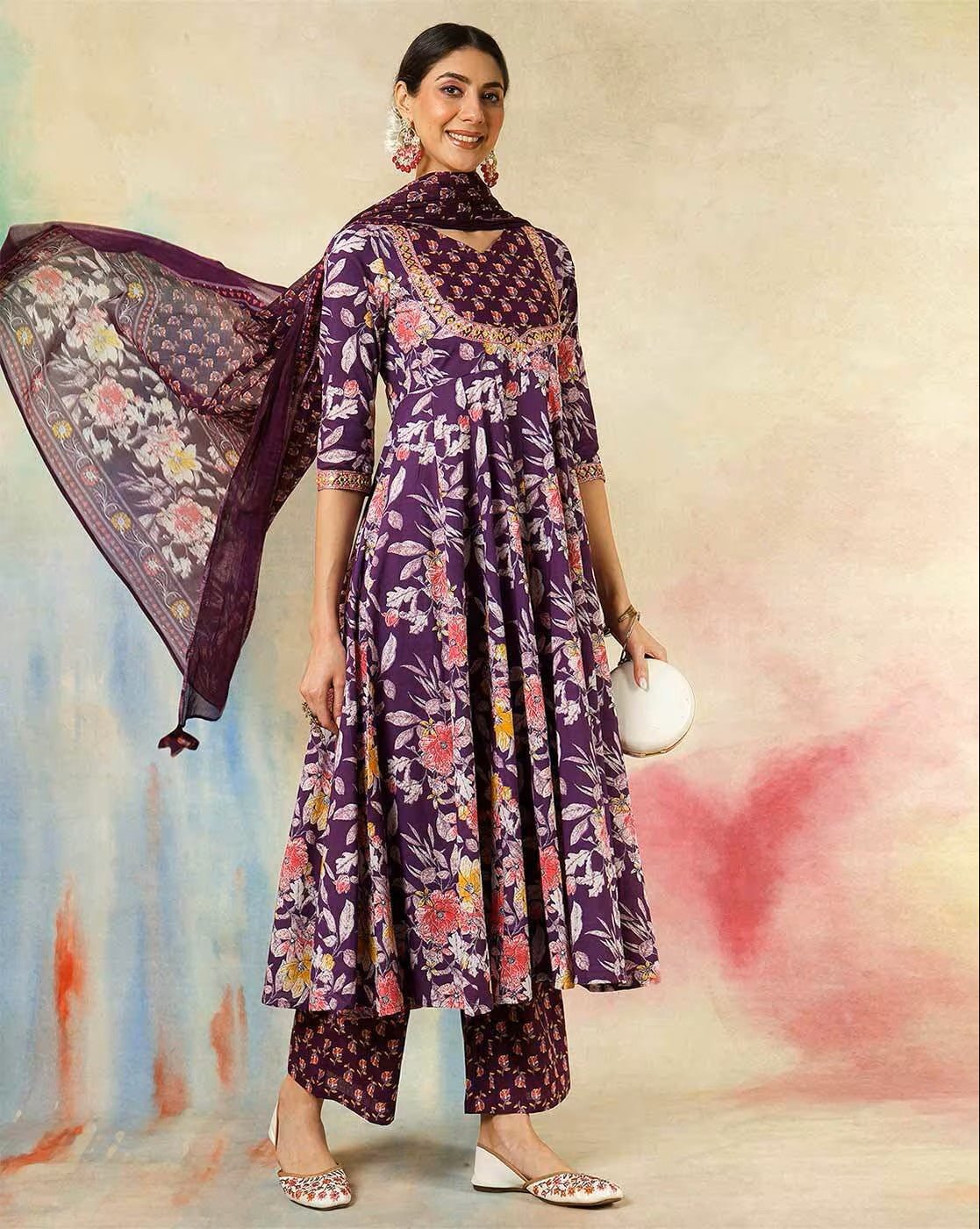 Aromie three piece cotton kurta set with dupatta in purple floral design, perfect for festive occasions