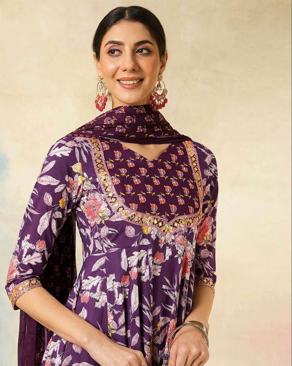 Elegant three piece cotton kurta set with dupatta in purple floral design, perfect for festive occasions