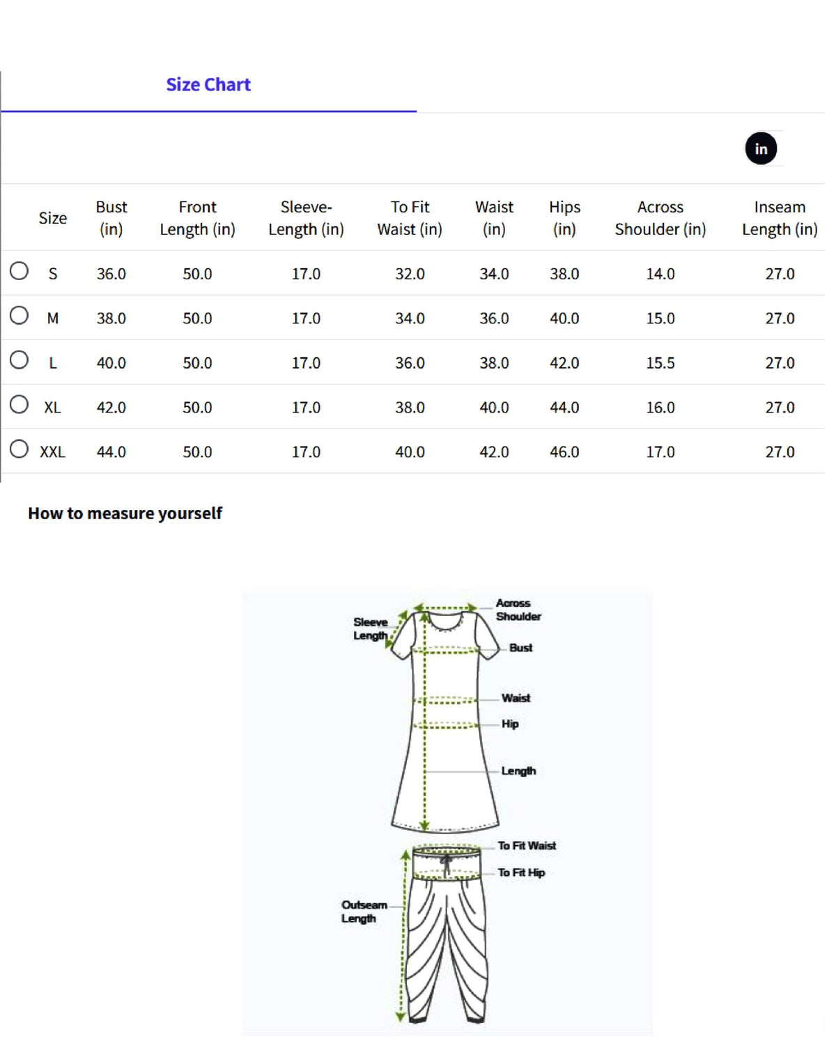 Size chart for aromie cotton kurta set with dupatta, including measurement guidelines for each size