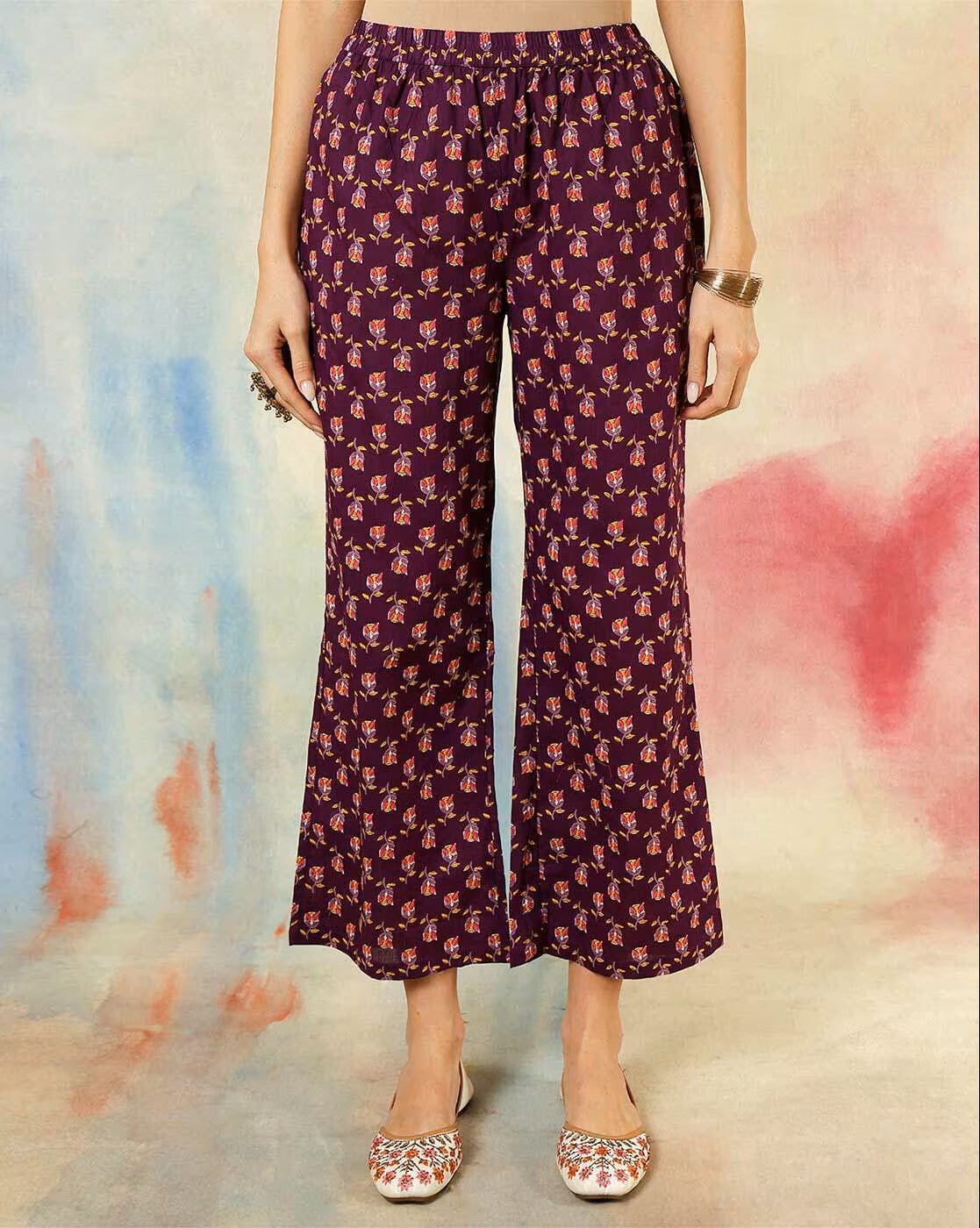 Aromie three piece cotton kurta set with dupatta featuring stylish printed pants in purple
