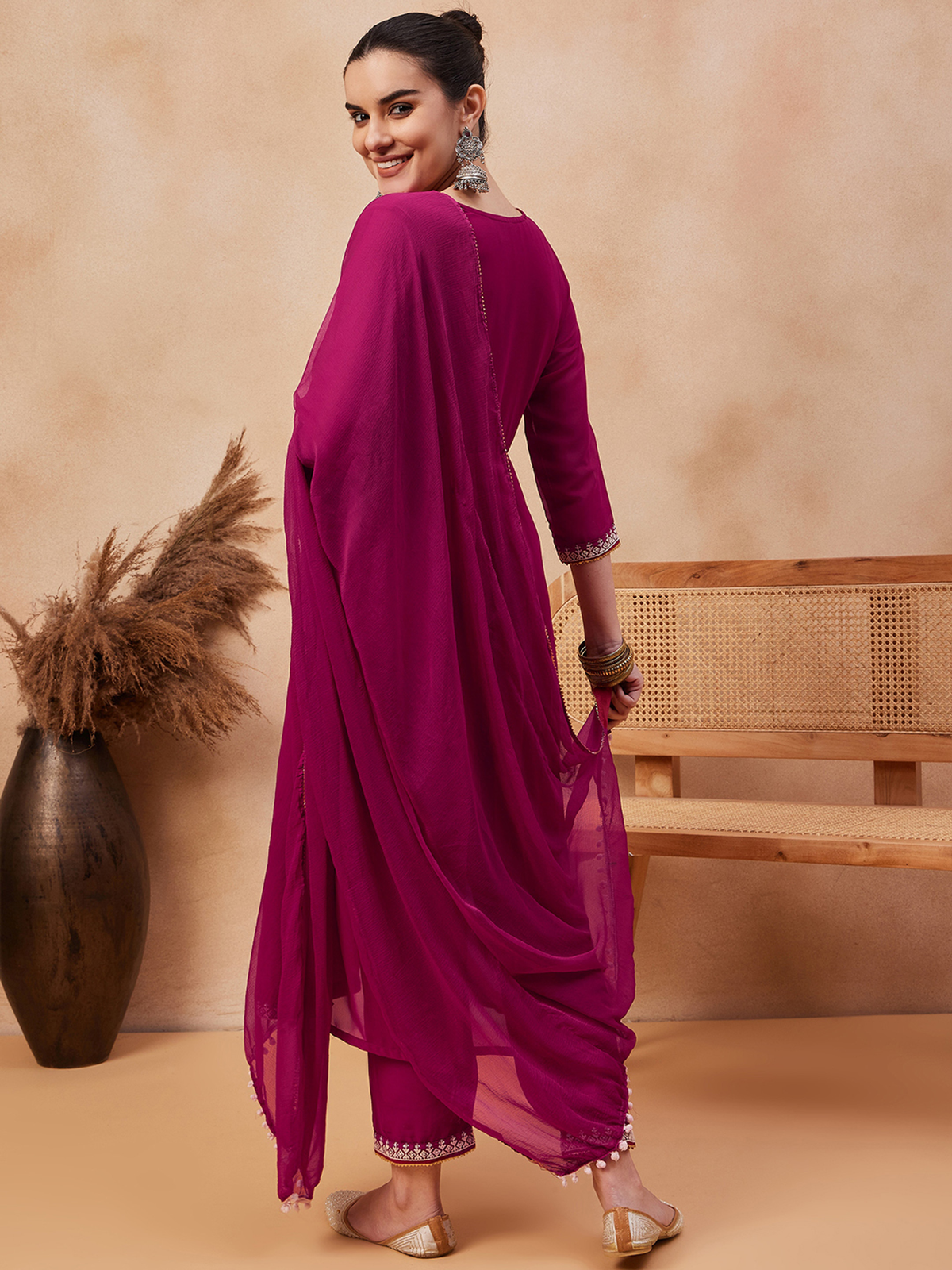 Elegant Three Piece Cotton Linen Kurti Canada in vibrant pink with flowing drape and intricate detailing