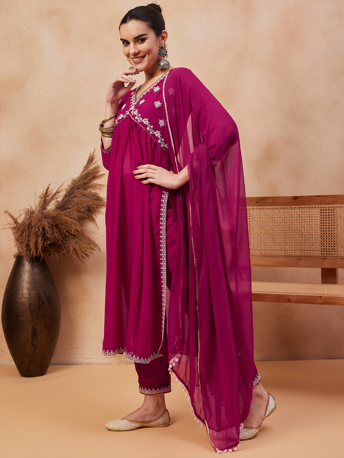 Elegant Three Piece Cotton Linen Kurti Canada in Magenta with Embroidery and Matching Dupatta