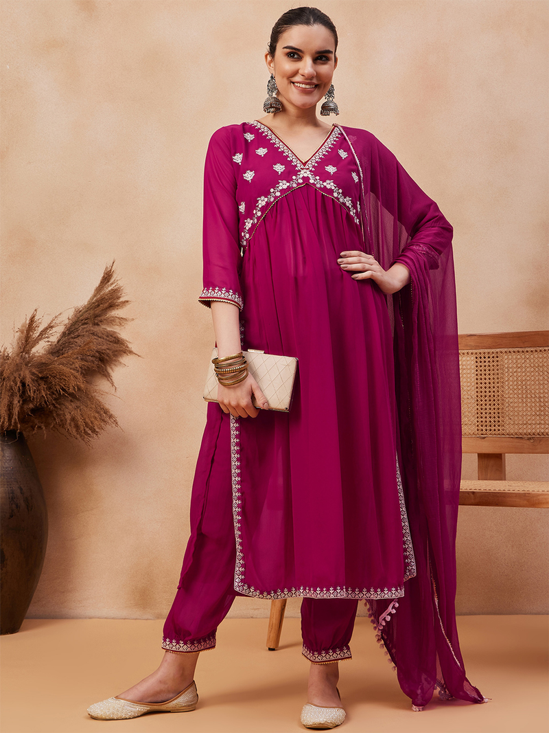 Elegant Three Piece Cotton Linen Kurti Canada in magenta with intricate embroidery and flowing dupatta