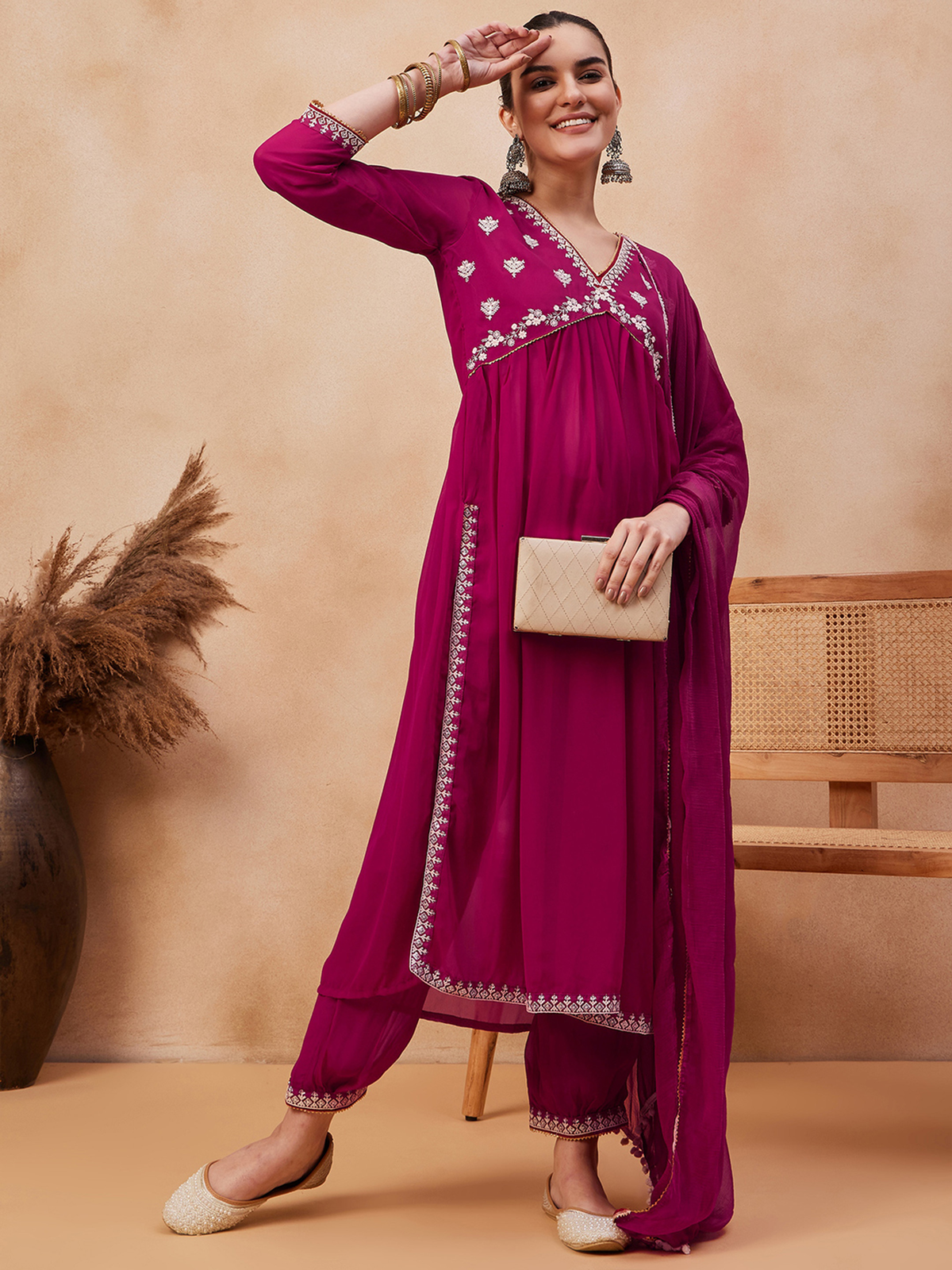 Elegant three piece Cotton Linen Kurti Canada in vibrant magenta with intricate embroidery and matching accessories