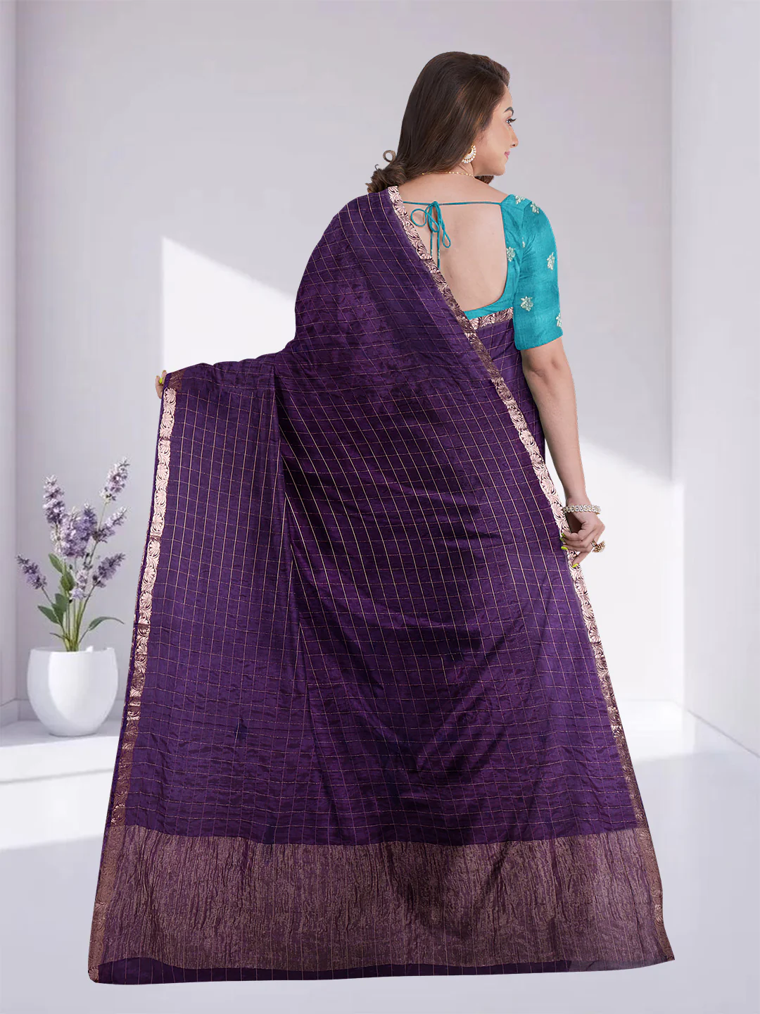 Aromie purple cotton silk saree from Canada showcasing a detailed back view, perfect for festive occasions.