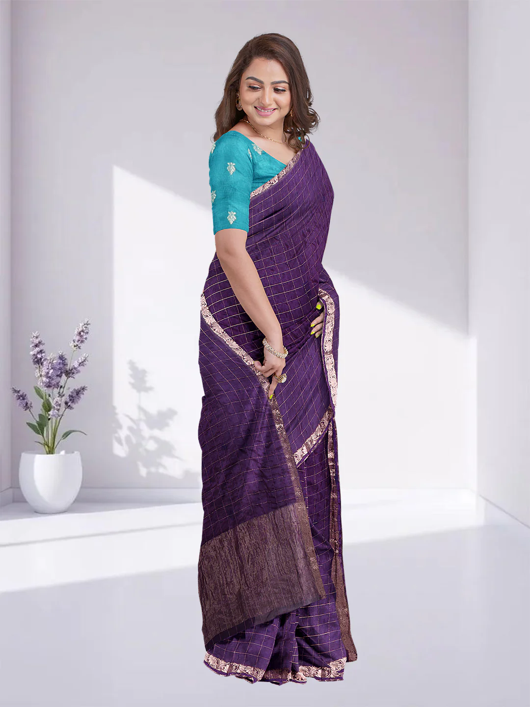 Front view of a purple cotton silk saree from aromie with gold border, perfect for weddings in Canada.
