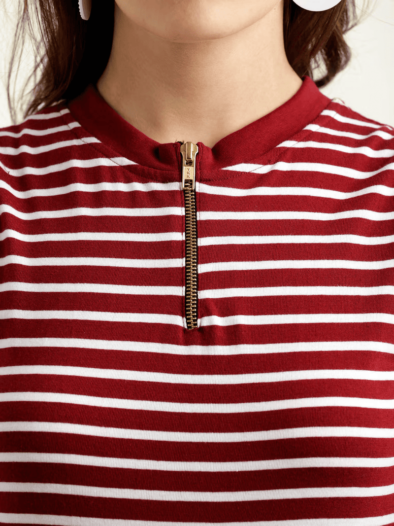 Cotton Sleeveless Striped Bodycon Dress | Maroon & White Slim Fit Work Dress Canada - aromie