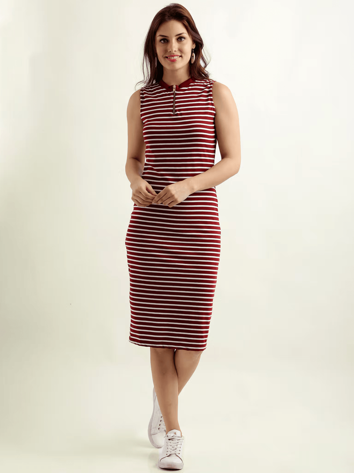 Cotton Sleeveless Striped Bodycon Dress | Maroon & White Slim Fit Work Dress Canada - aromie