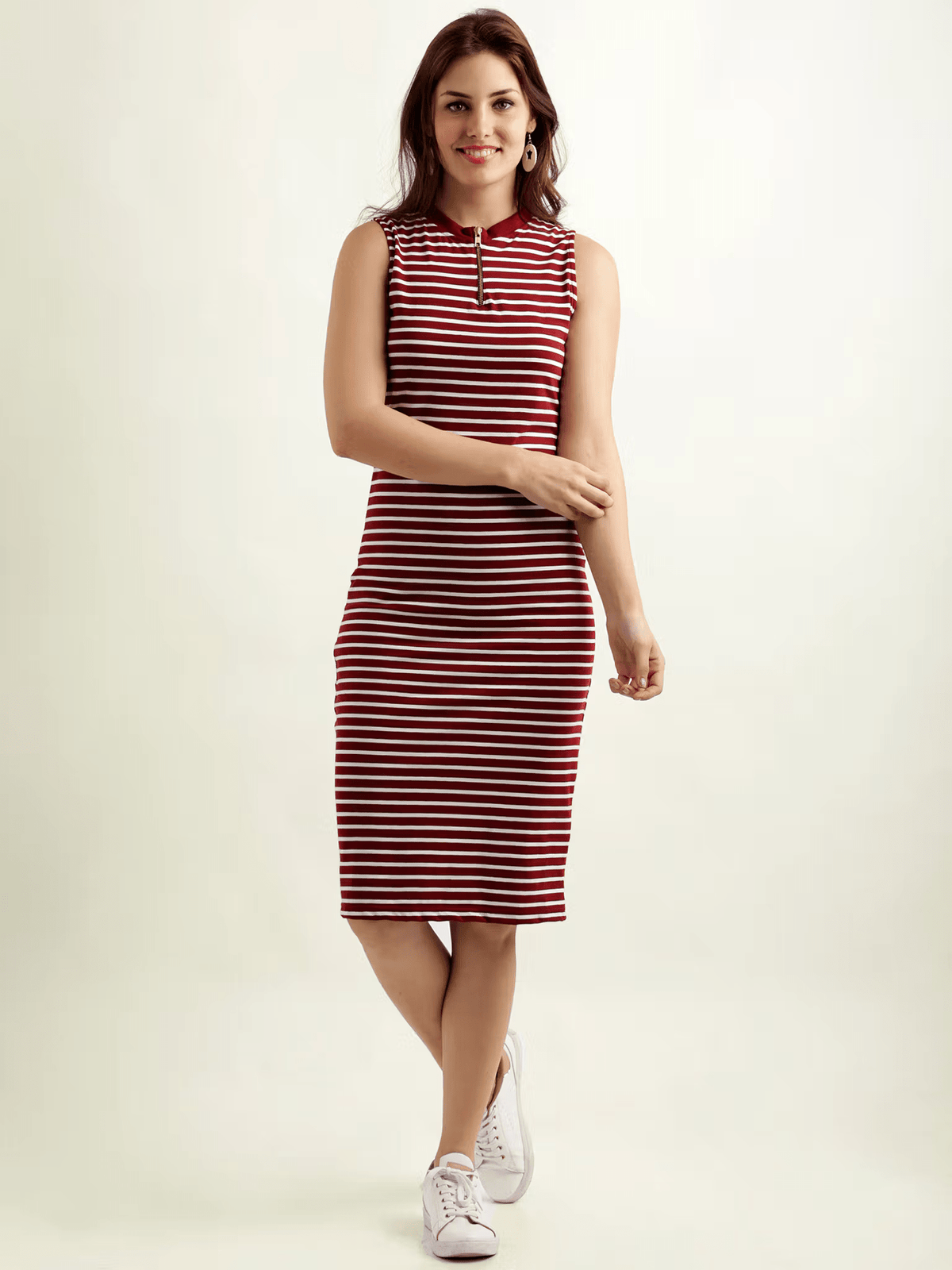 Cotton Sleeveless Striped Bodycon Dress | Maroon & White Slim Fit Work Dress Canada - aromie