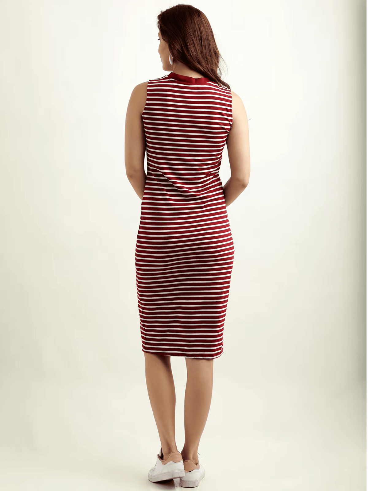 Cotton Sleeveless Striped Bodycon Dress | Maroon & White Slim Fit Work Dress Canada - aromie