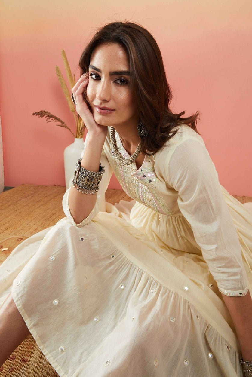 Cream Embellished Pure Cotton A - Line Midi Dress – Round Neck with Three - Quarter Sleeves - aromie
