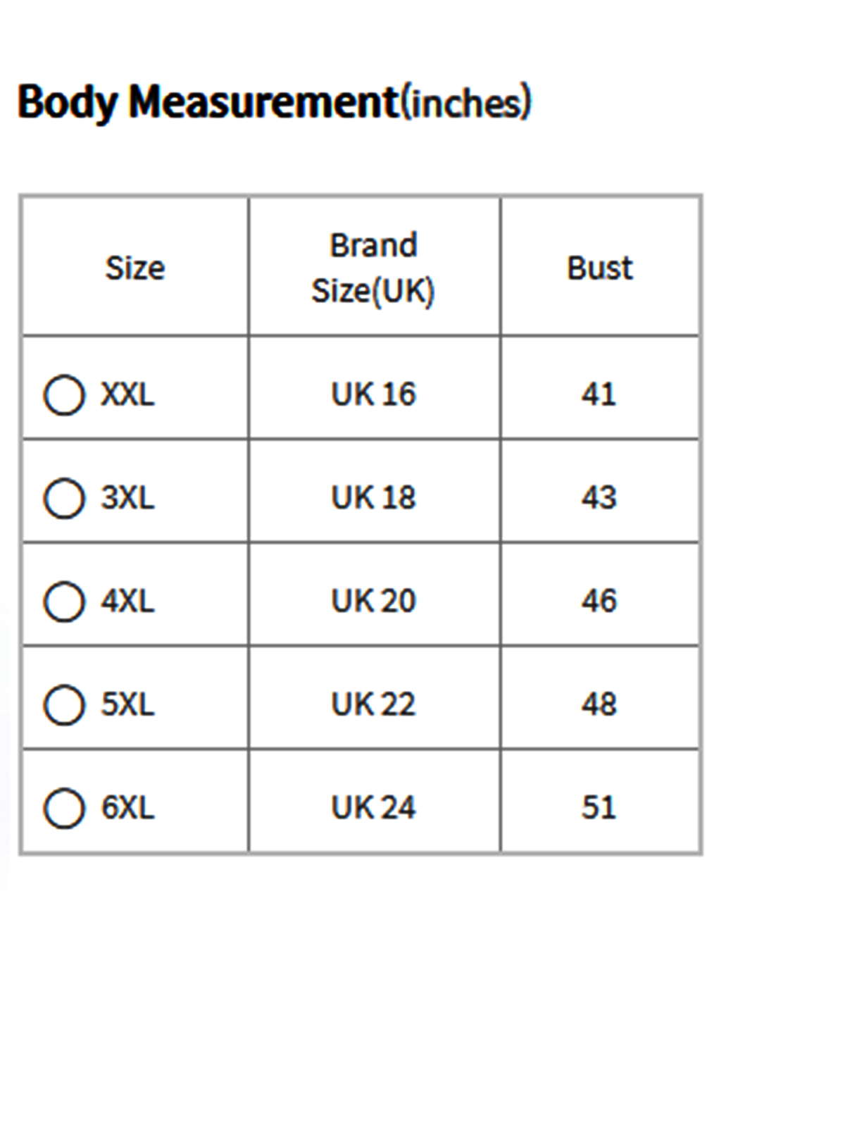 women oversized printed t-shirt size chart showing plus size bust measurements XXL to 6XL UK sizes 16 to 24