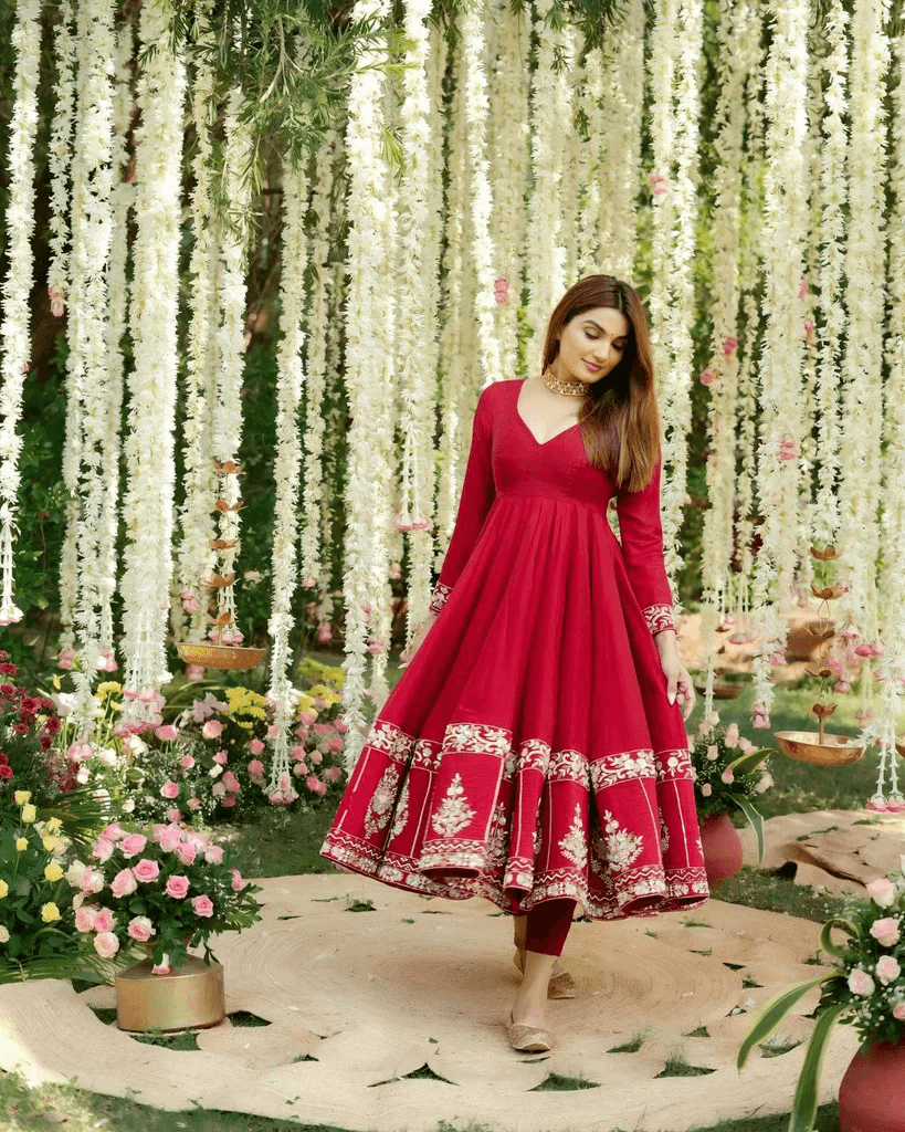 Red Roman Silk Anarkali Suit Set with Heavy Embroidery & Sequin Work