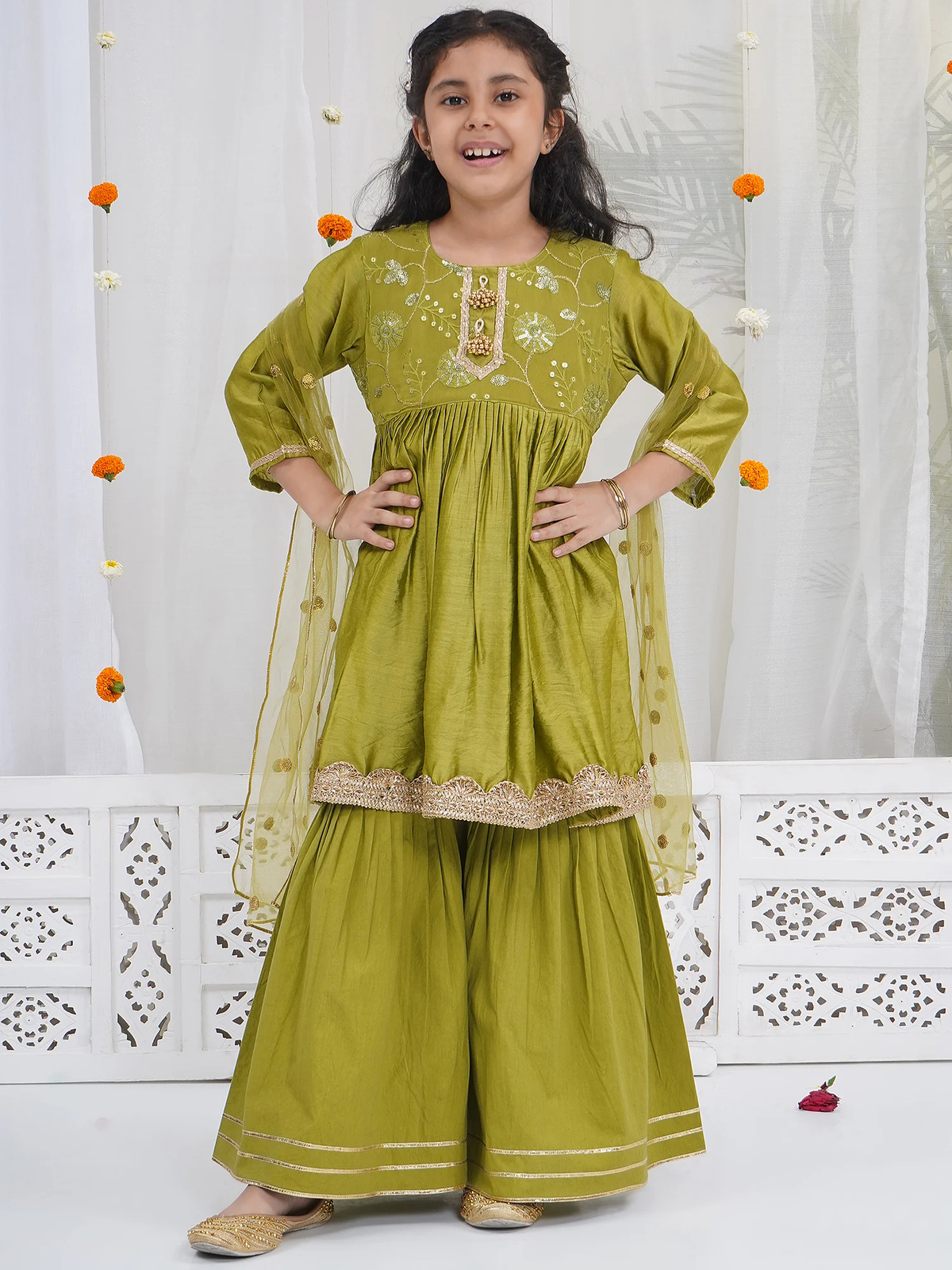 Girls Mehendi Green Chanderi Silk Floral Embroidery Kurta Sharara Set with Dupatta & Cotton Lining