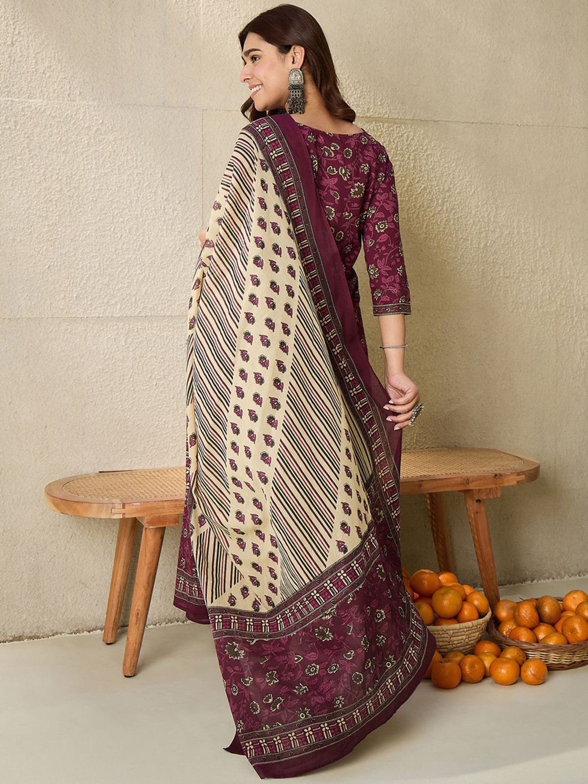 Maroon Floral Printed Cotton Kurta Set with Salwar & Dupatta