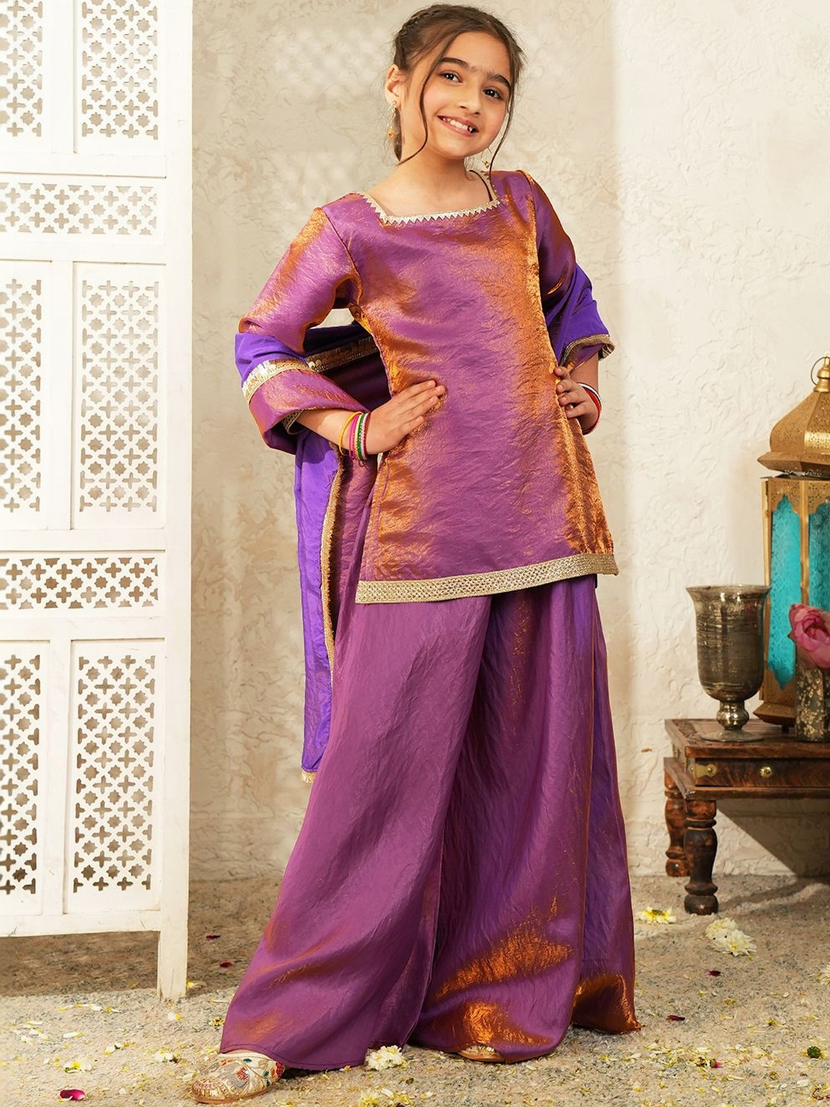 Girls Dyed Regular Kurta with Palazzos & With Dupatta