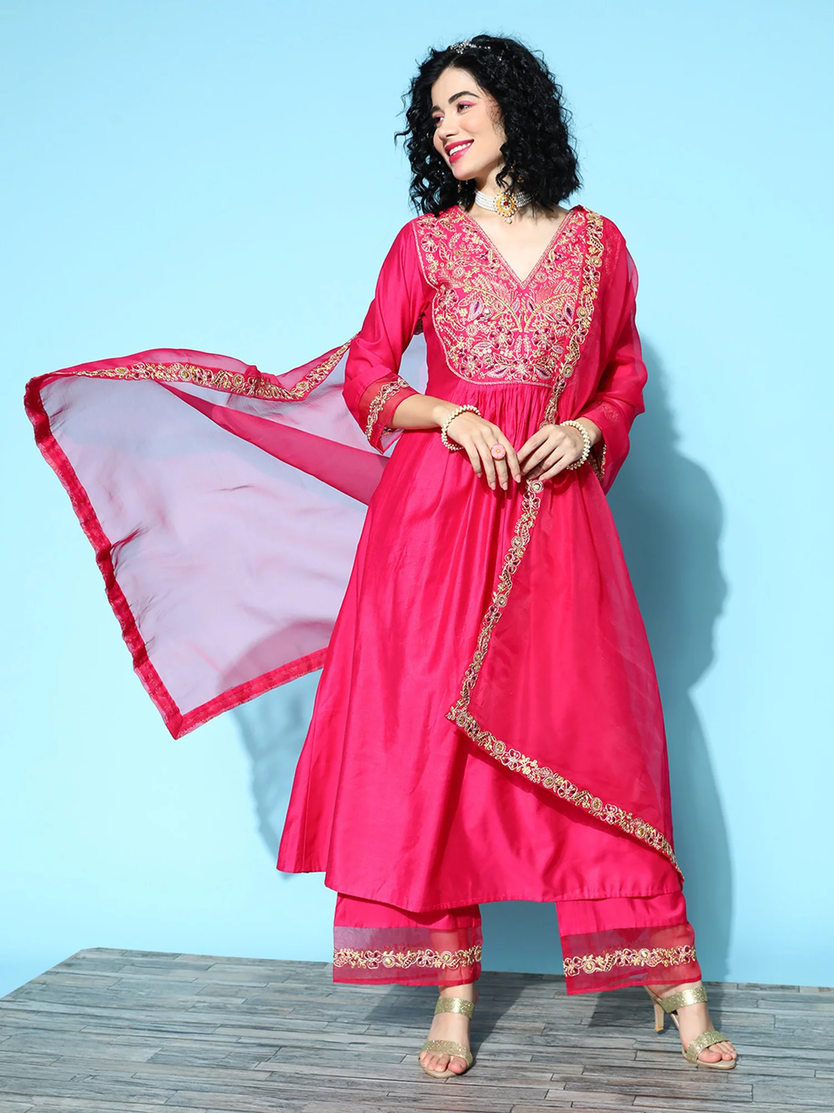 Fuchsia Embroidered Kurta Palazzo Set with Dupatta