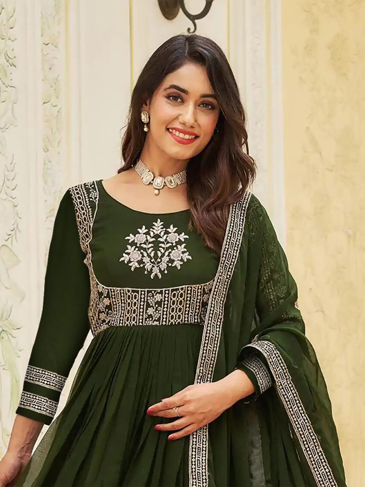 Floral Embroidered Georgette Fit and Flare Maxi Ethnic Dress with a Dupatta