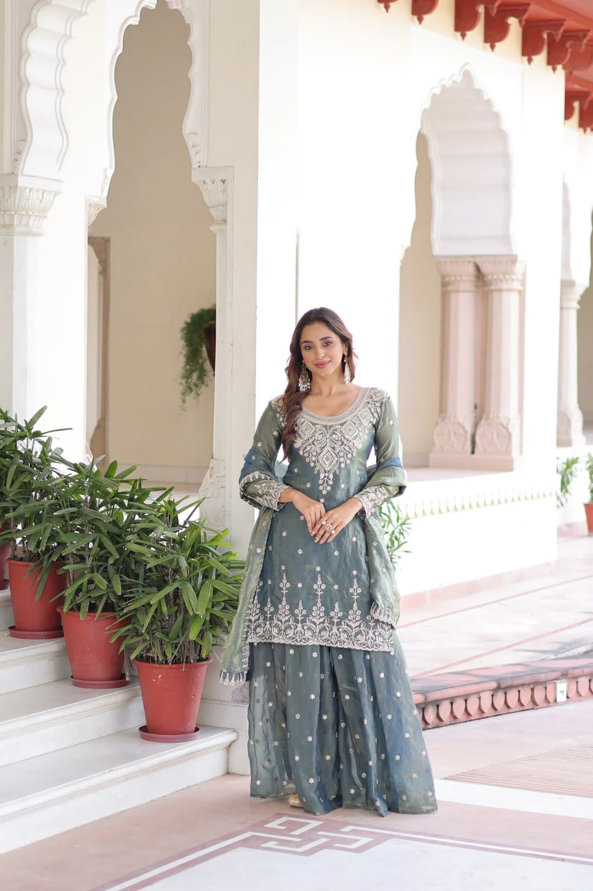 Fendi Silk Embroidered Kurta Sharara Set with Dupatta