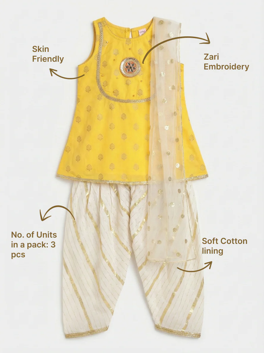 Yellow Cream Floral Zari Embroidery Cotton Kurta Salwar Set with Dupatta