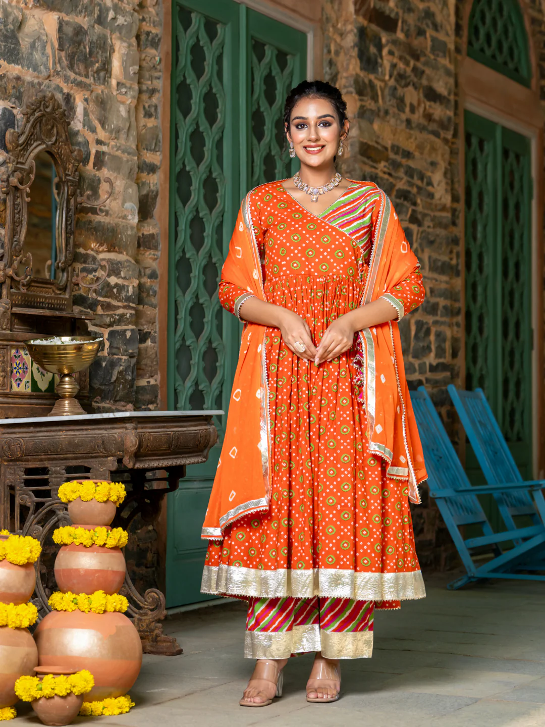 Orange Cotton Festive Suit Set with Palazzo & Dupatta