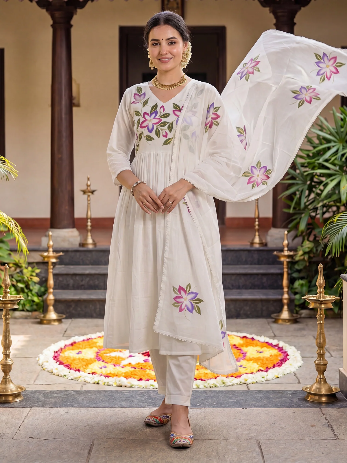 Off-White Floral Printed Cotton Anarkali Set with Dupatta aromie