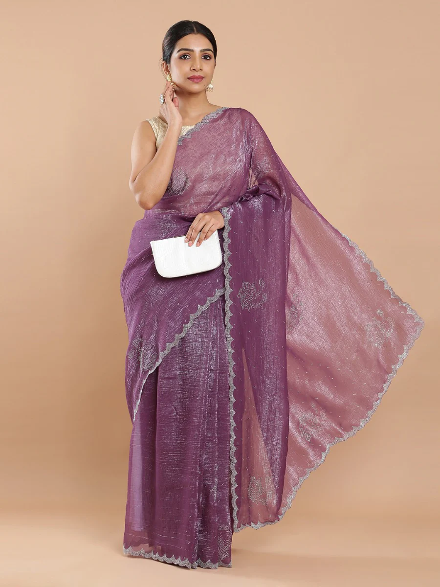Shimmer Chiffon Dusty Grape Saree with Mini Stone Work