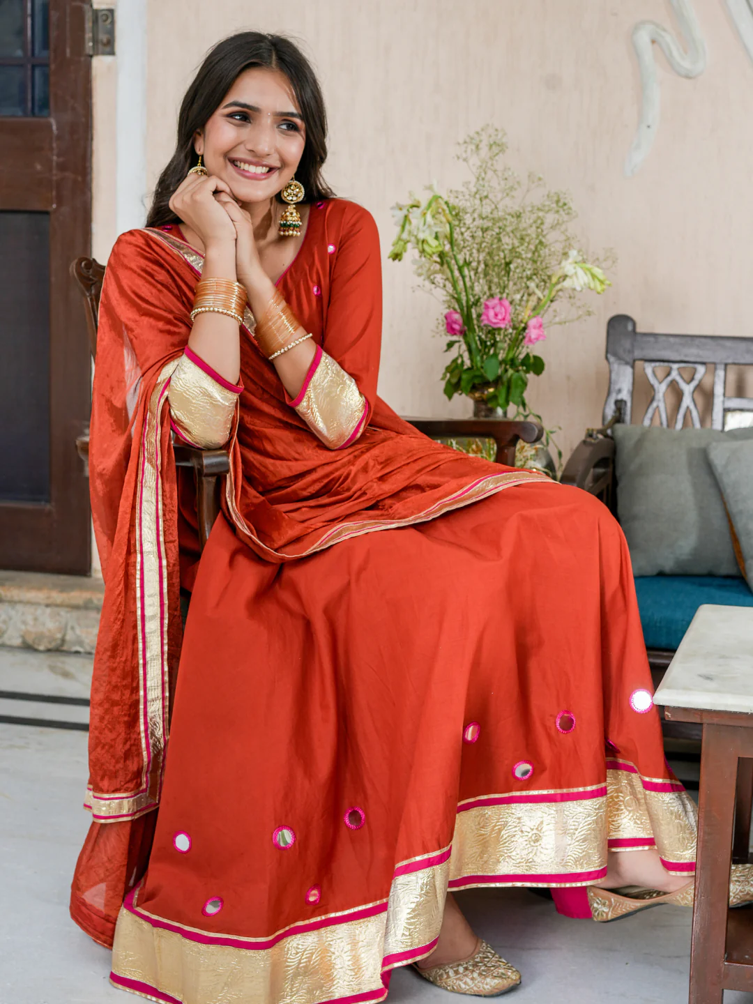 Rust Mirror Gotta Anarkali Set