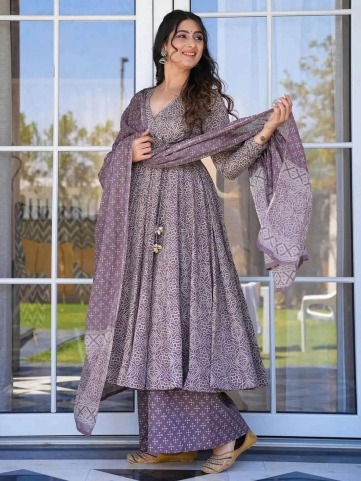 Bandhani Printed V-Neck Angrakha Pure Cotton Kurta With Palazzos And Dupatta