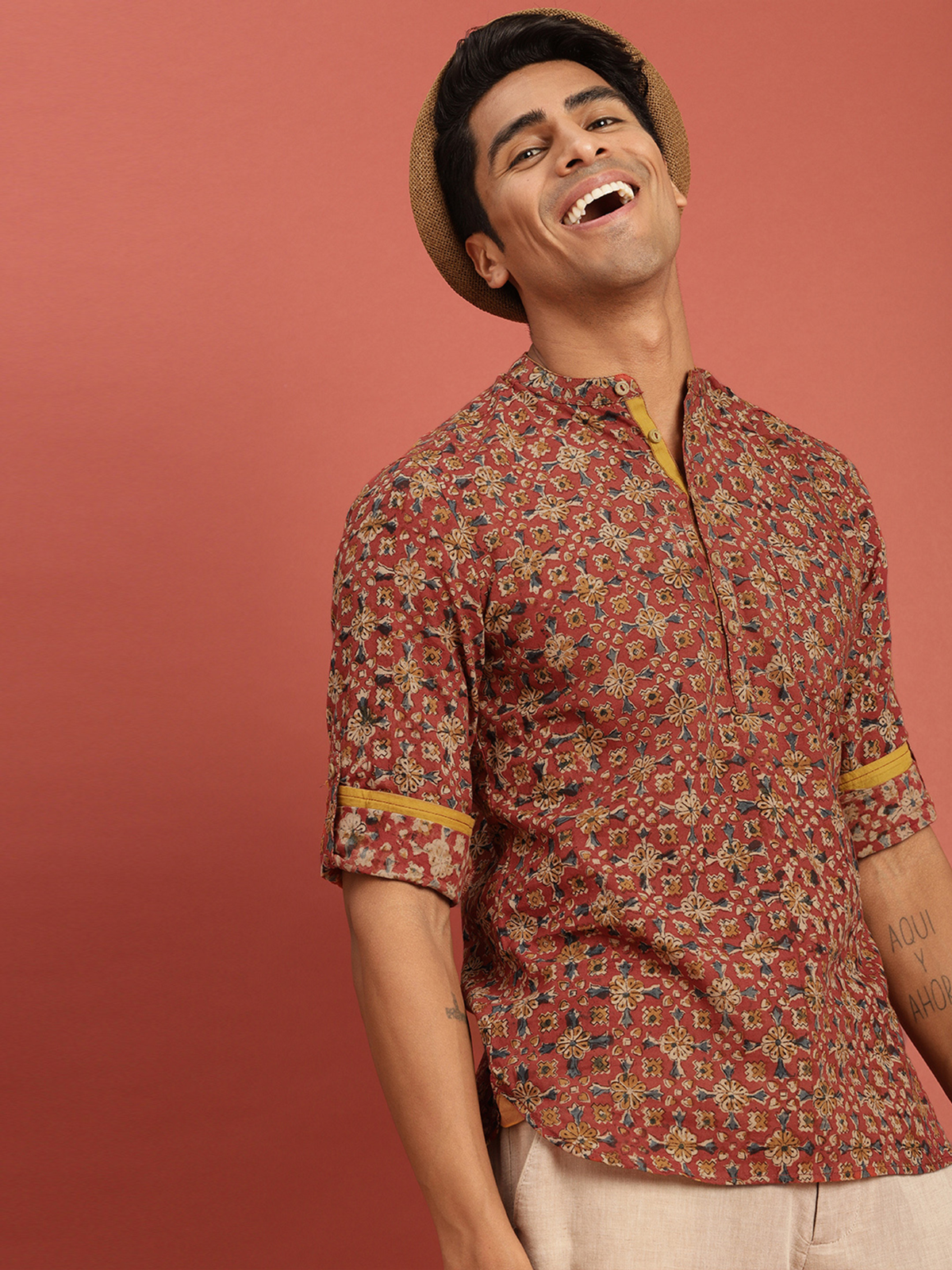 Men’s Red Kalamkari Block Print Cotton Kurta AROMIE | Affordable Indian Clothes & Dresses in Canada