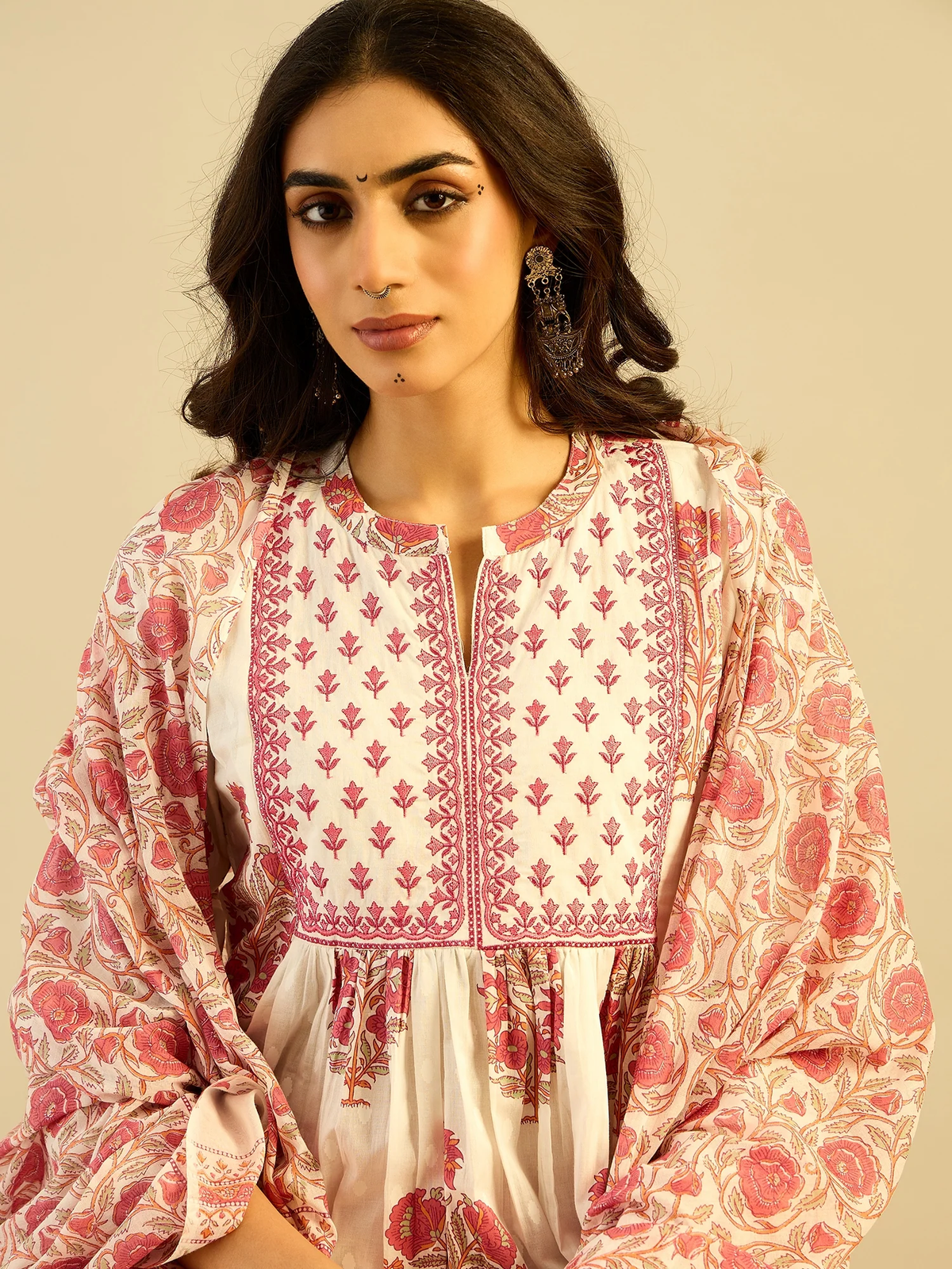 White Printed Pure Cotton Kurta Palazzo Set with Dupatta