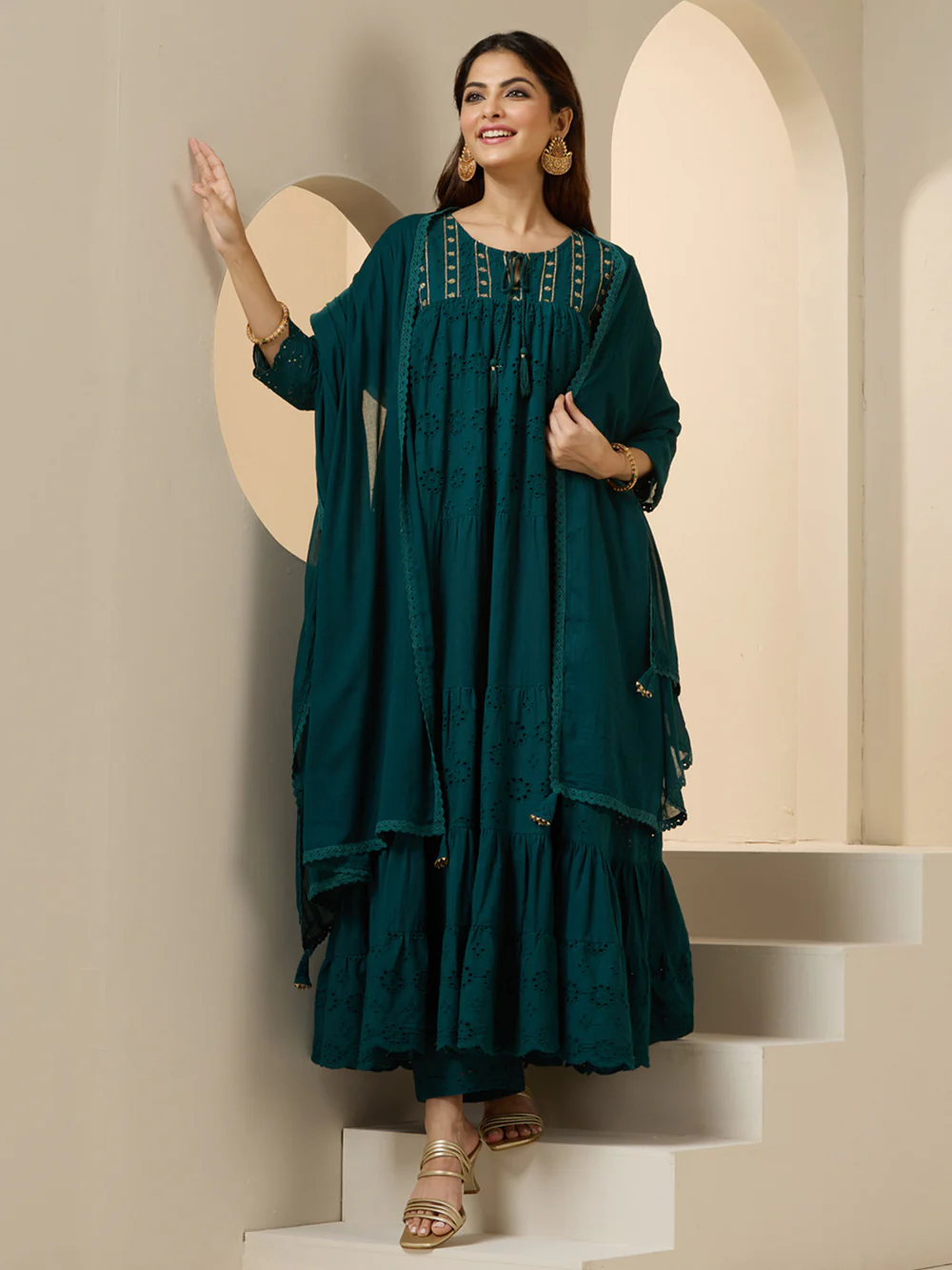 Graceful Green Cotton Blend Schiffli Zari Embroidery Tiered Fit kurta set with dupatta