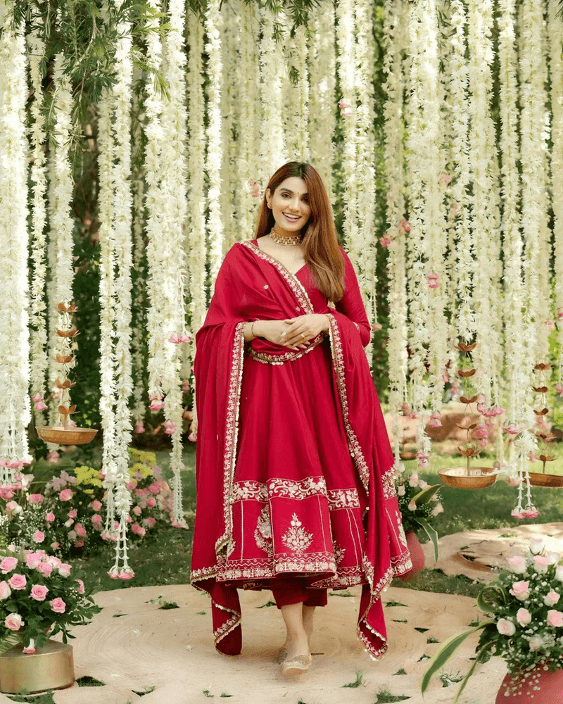 Red Roman Silk Anarkali Suit Set with Heavy Embroidery & Sequin Work aromie