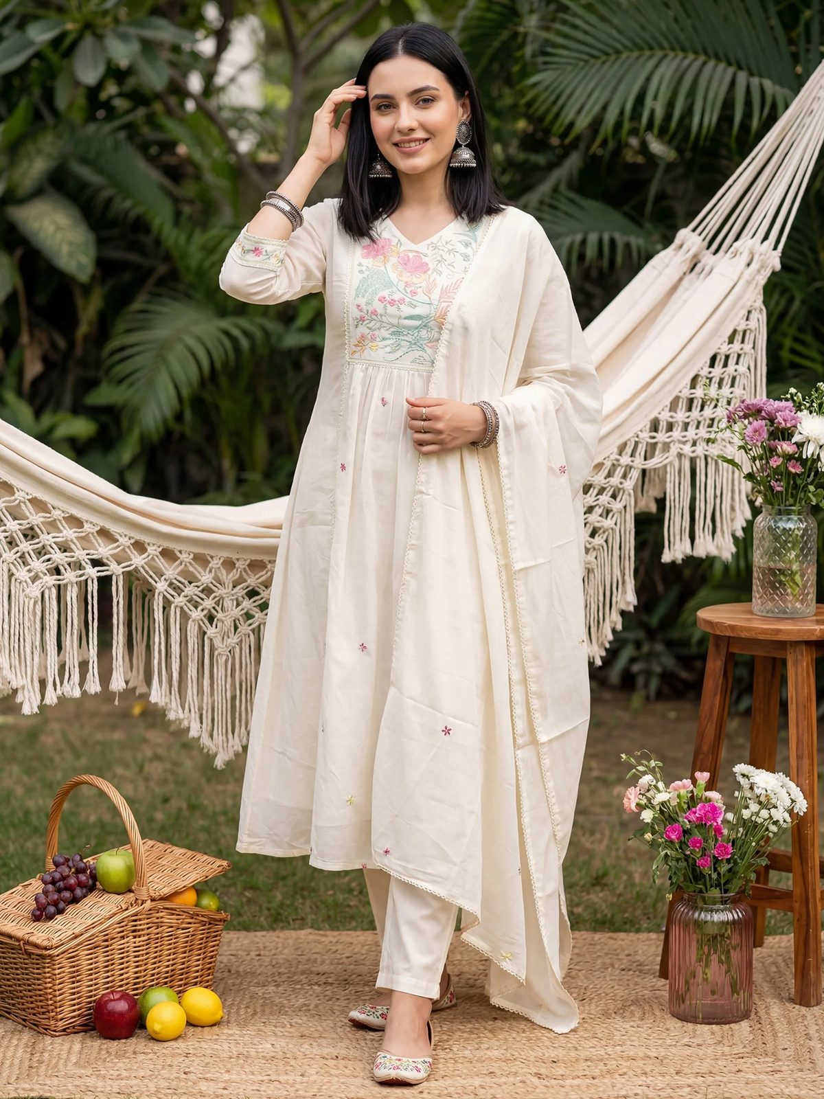 Embroidered A-Line Kurta Set with Trousers & Dupatta | Pure Cotton
