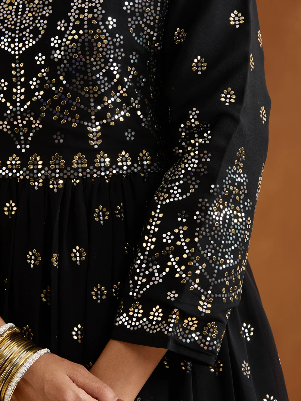 Graceful Black poly georgette foil embossed anarkali fit kurta set with dupatta