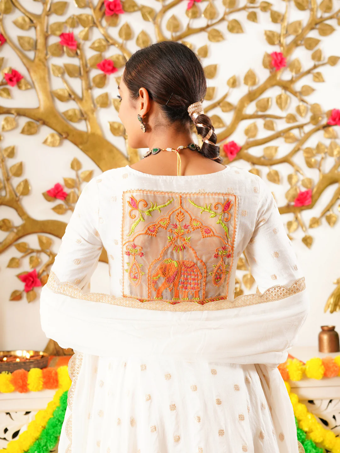 White Chanderi Festive Suit Set with Palazzo & Dupatta